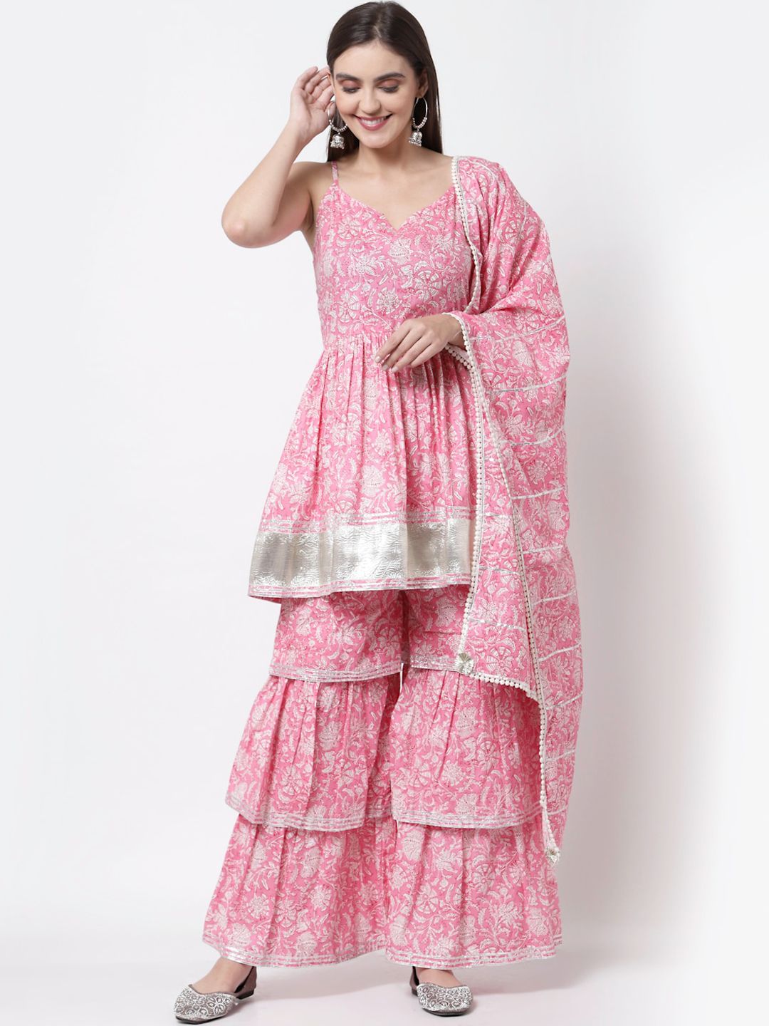 Myshka Women Pink Floral Printed Pure Cotton Kurta with Sharara & Dupatta Price in India