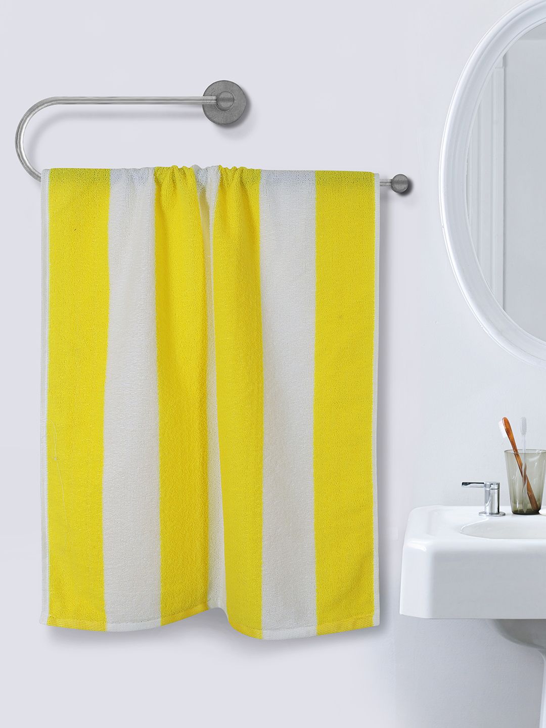 ROMEE Yellow & White Striped 500 GSM Microfiber Bath Towel Price in India