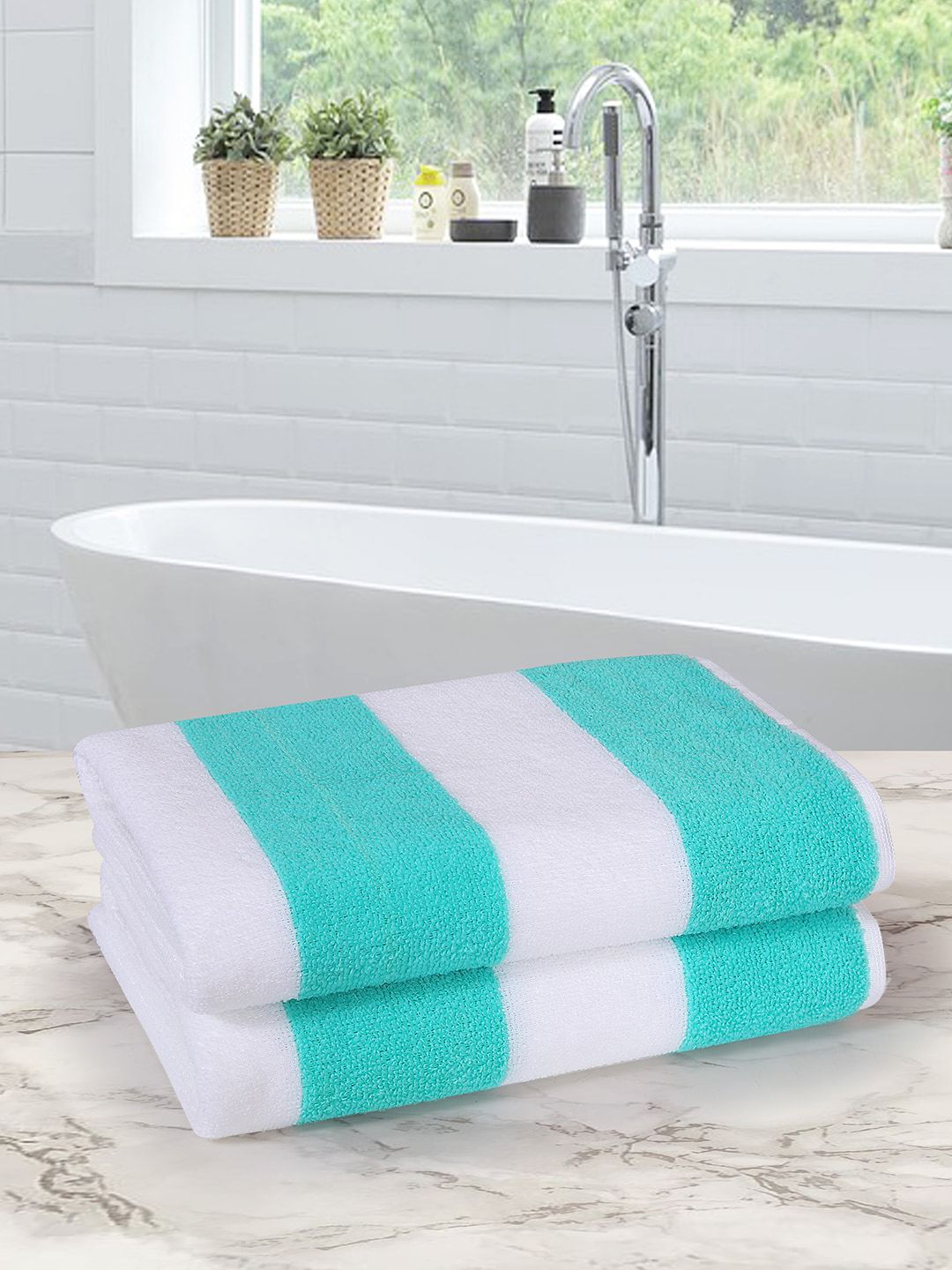 ROMEE Green & White Pack of 2 Striped Microfiber 500 GSM Bath Towels Price in India