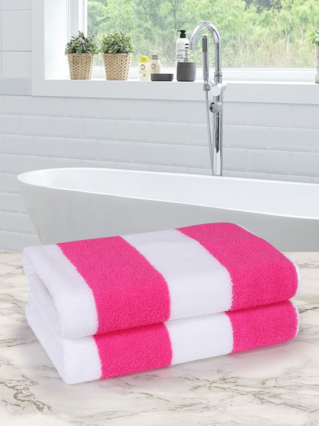 ROMEE Set Of 2 Pink & White Striped 500 GSM Bath Towels Price in India