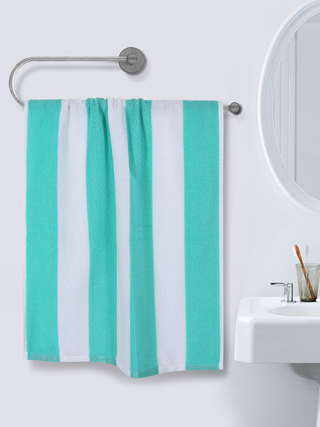 ROMEE Green & White Pack Of 1 Striped 500 GSM Bath Towel Price in India