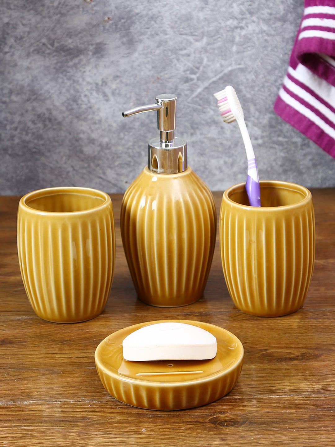 House Of Accessories Set Of 4 Mustard Striped Bathroom Accessories Price in India