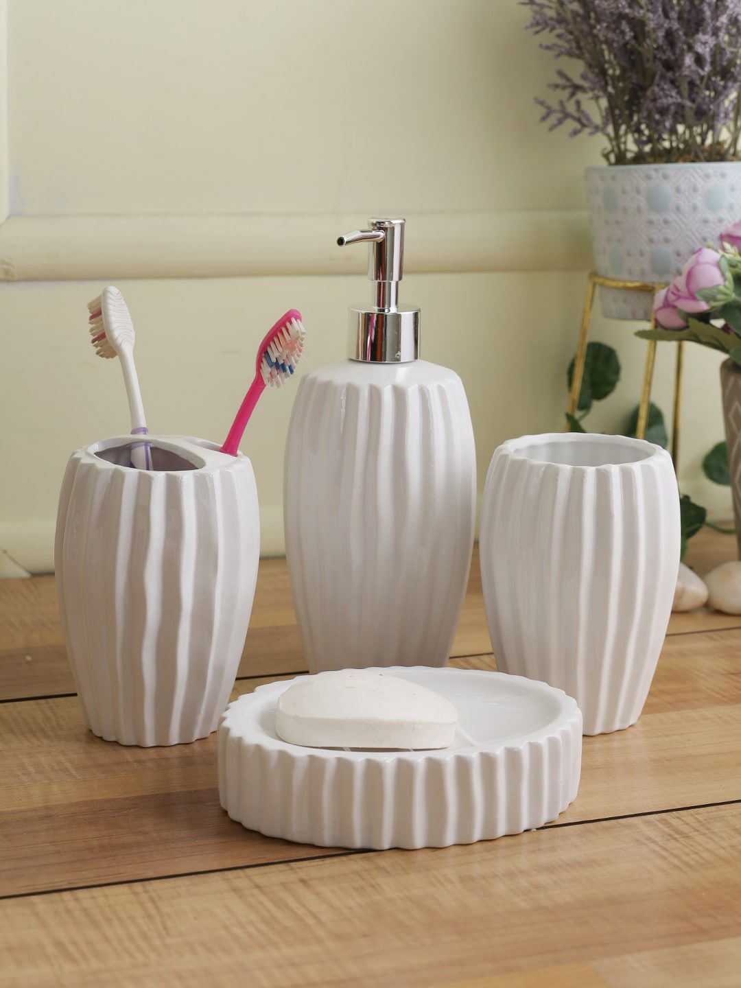 House Of Accessories Set Of 4 White Striped Bathroom Accessories Price in India