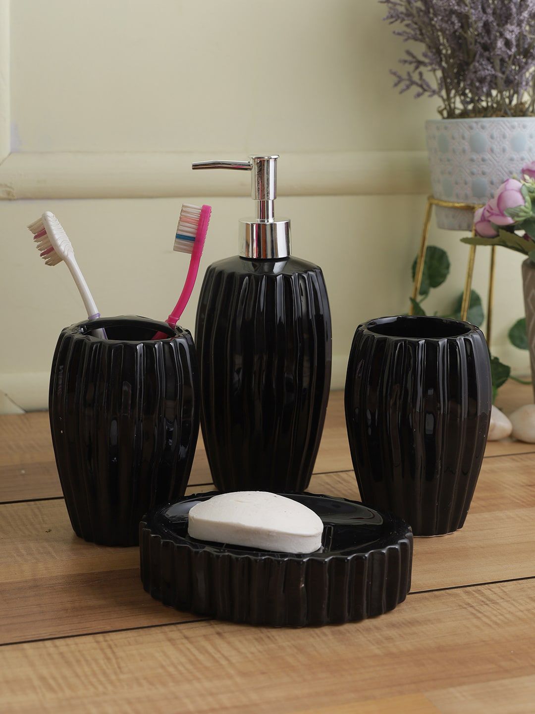 House Of Accessories Set Of 4 Black Striped Bathroom Accessories Price in India