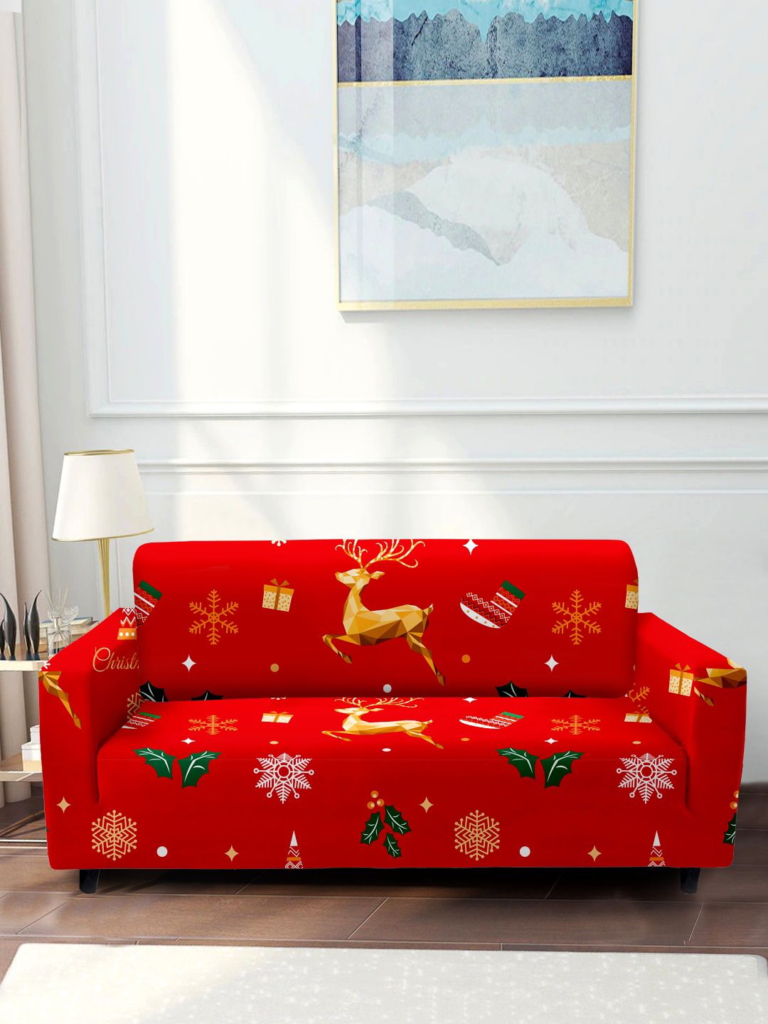 Aura Red & Yellow Christmas Printed 2-Seater Non-Slip Sofa Cover Price in India
