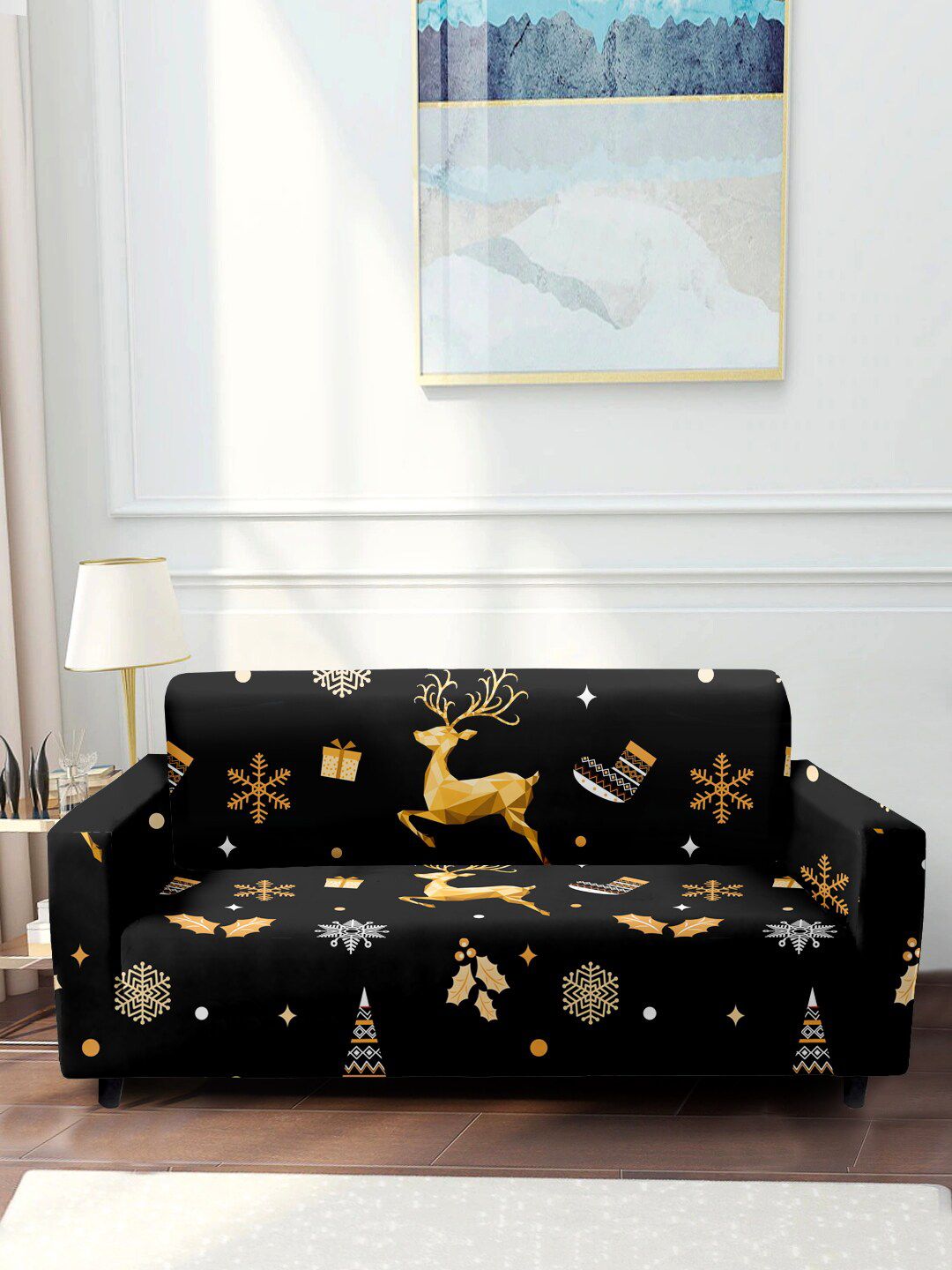 Aura Black & Yellow Printed 2-Seater Non-Slip Sofa Covers Price in India