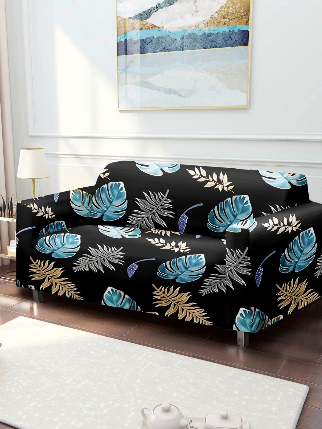 Aura Black & Blue Printed 2-Seater Non-Slip Sofa Covers Price in India