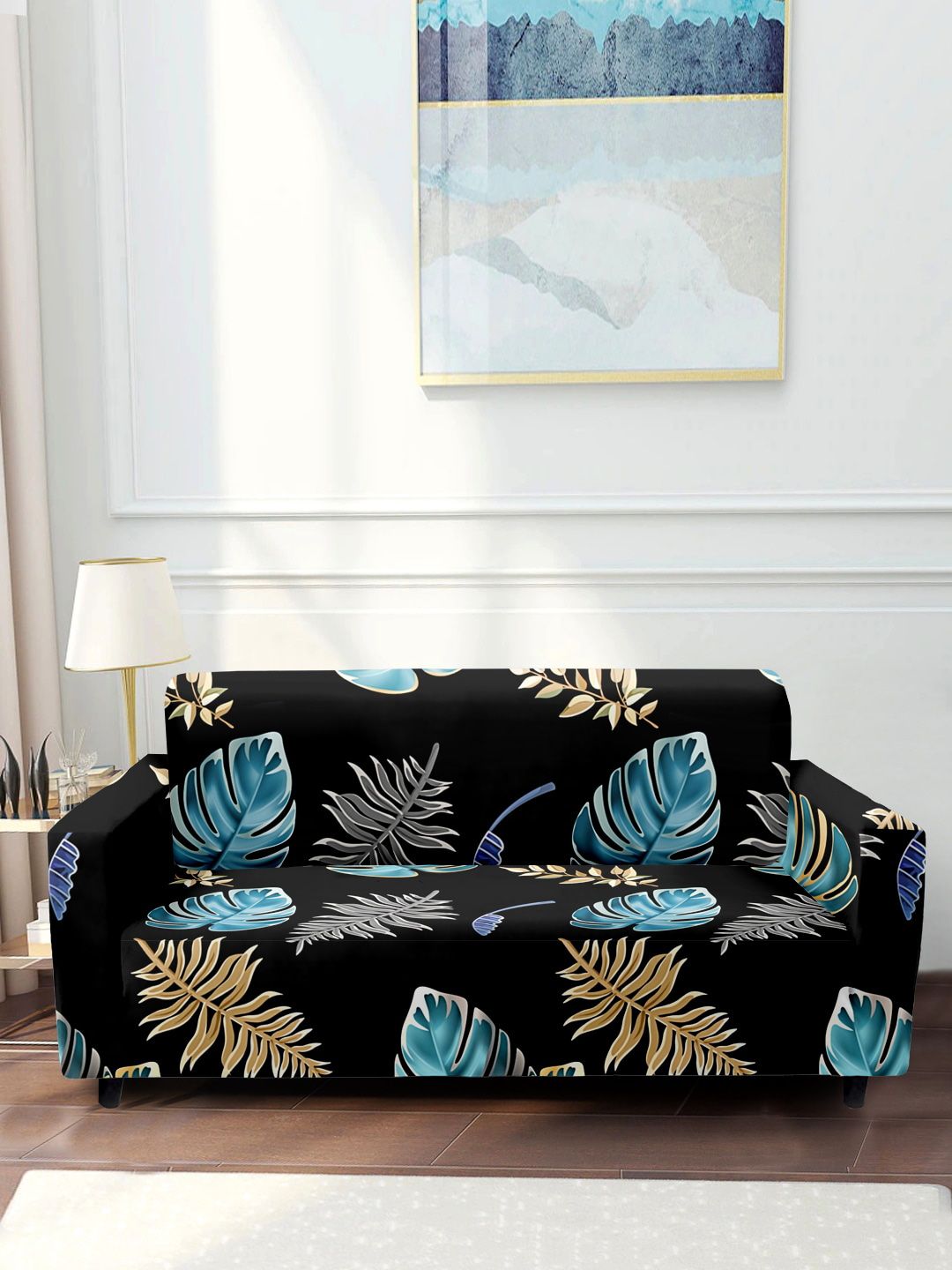 Aura Black & Blue Printed 2-Seater Non-Slip Sofa Cover Price in India