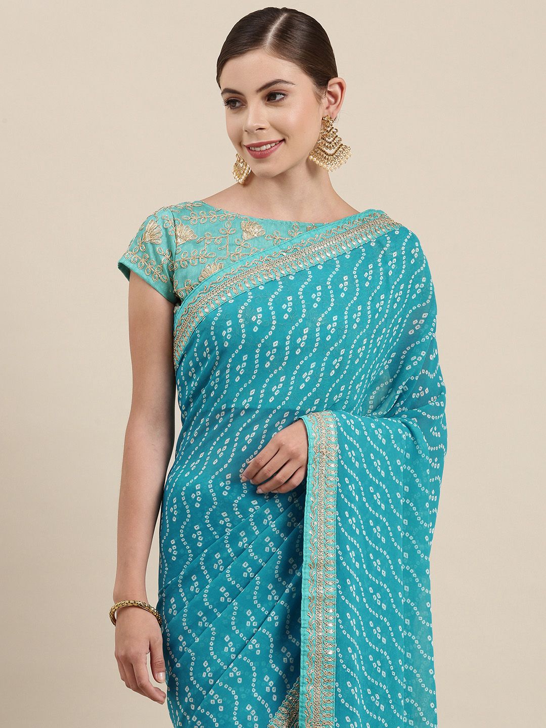 Mitera Women Blue & White Embroidered Pure Georgette Bandhani Saree Price in India