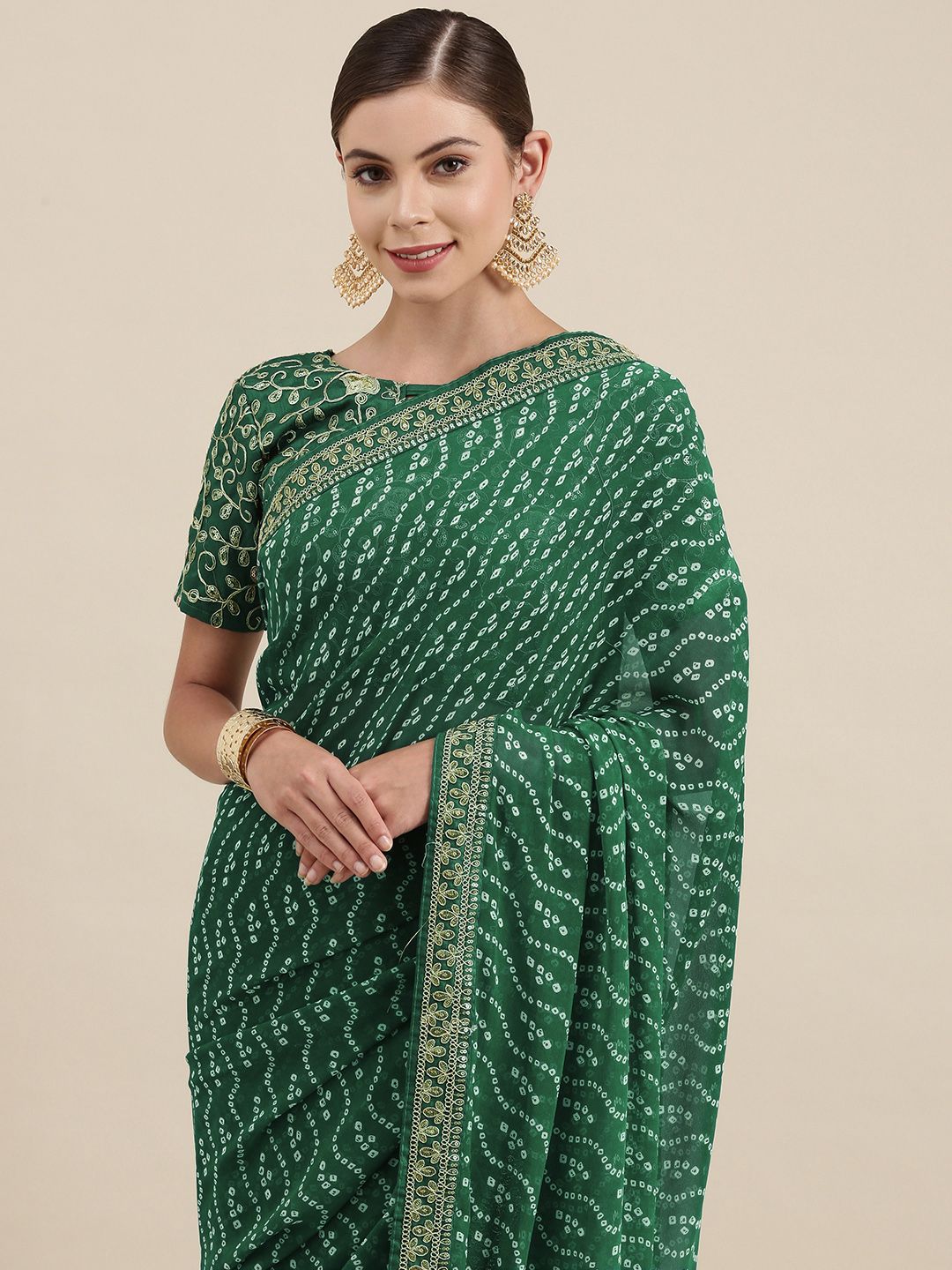 Mitera Women Green & White Embroidered Pure Georgette Bandhani Saree Price in India