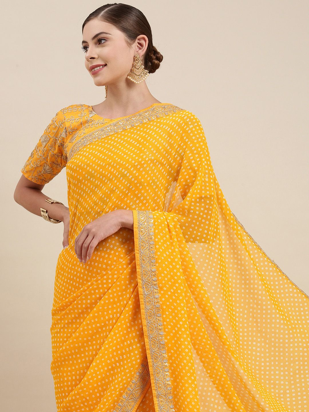 Mitera Women Yellow Embroidered Pure Georgette Bandhani Saree Price in India