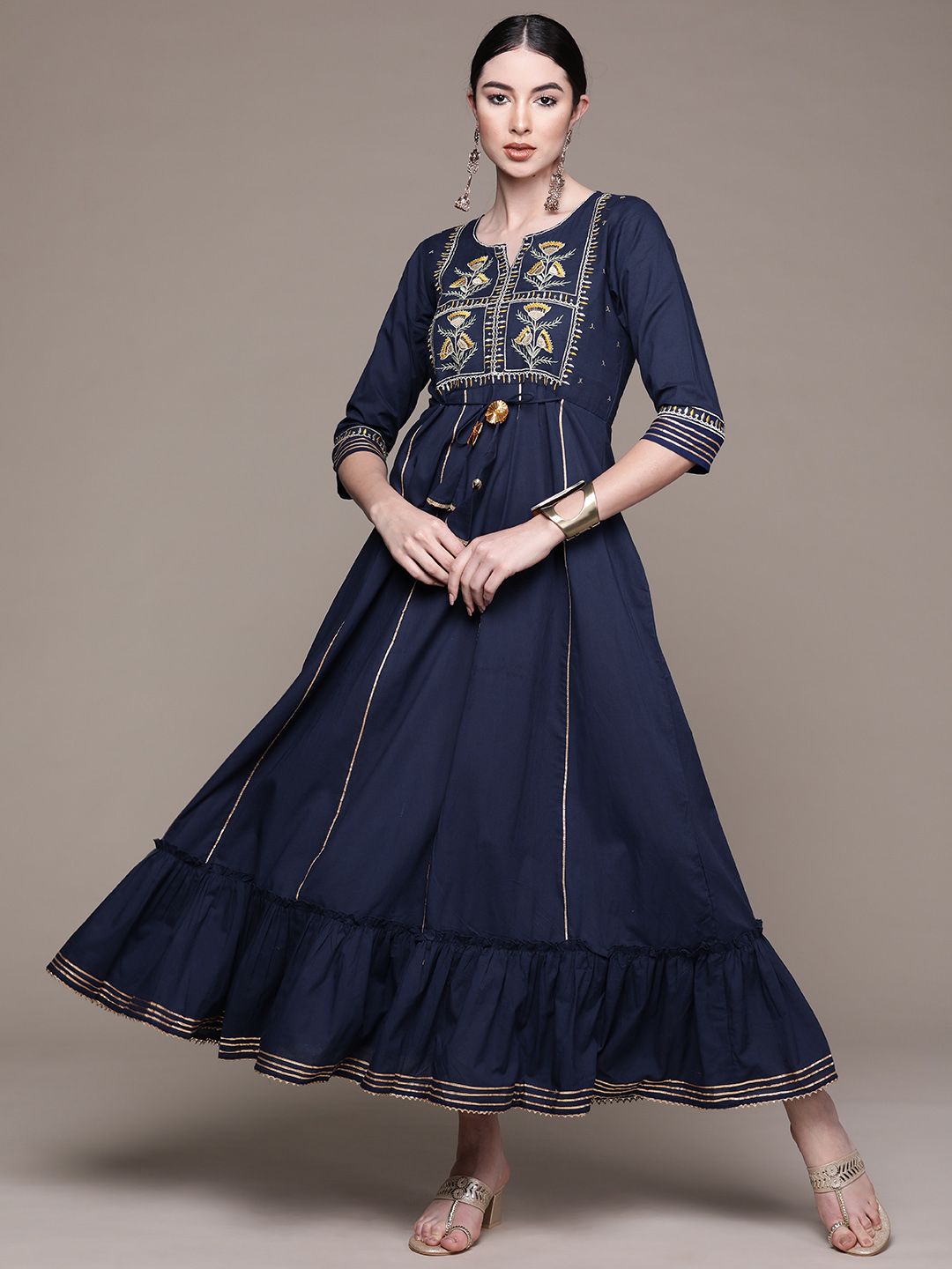 Anubhutee Navy Blue Floral Embroidered Ethnic Cotton A-Line Maxi Dress Price in India