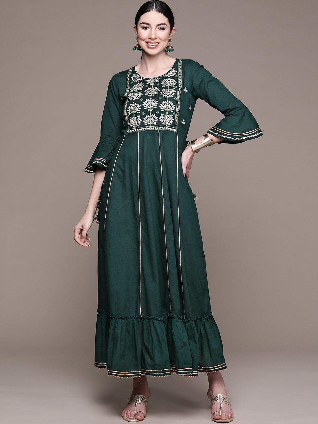 Anubhutee Green Embellished Embroidered Ethnic Cotton A-Line Maxi Dress Price in India