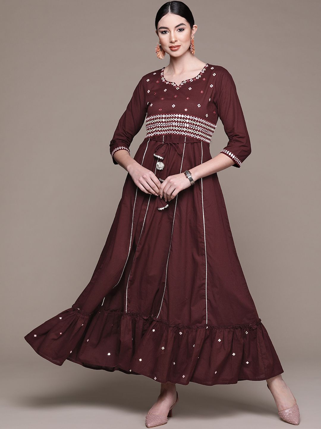 Anubhutee Maroon Embroidered Ethnic Cotton A-Line Maxi Dress Price in India