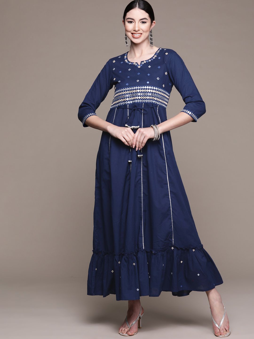 Anubhutee Navy Blue Embroidered Ethnic Cotton A-Line Maxi Dress Price in India