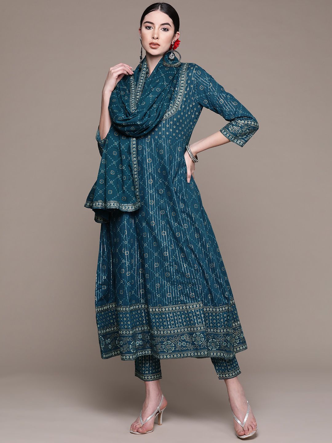 Anubhutee Women Teal Ethnic Motifs Printed Mirror Work Pure Cotton Kurta with Trousers & With Dupatta Price in India