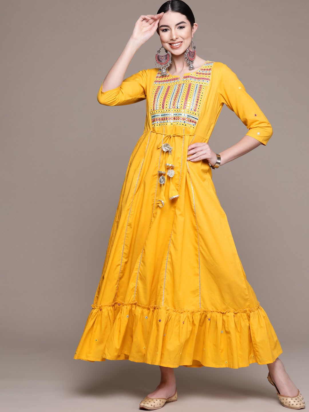 Anubhutee Yellow Embellished Ethnic Cotton A-Line Maxi Dress Price in India