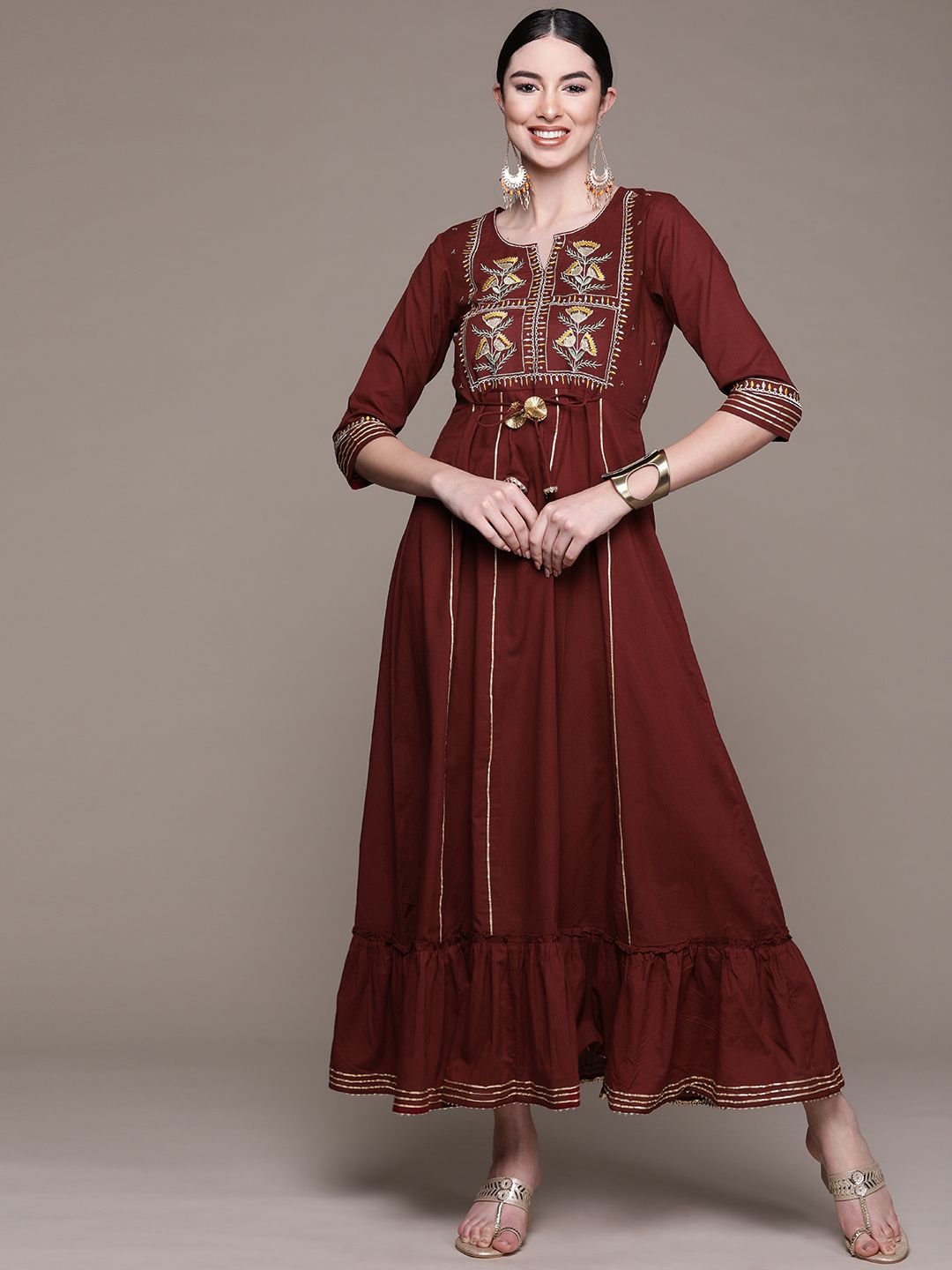 Anubhutee Maroon Floral Embroidered Ethnic Cotton A-Line Maxi Dress Price in India