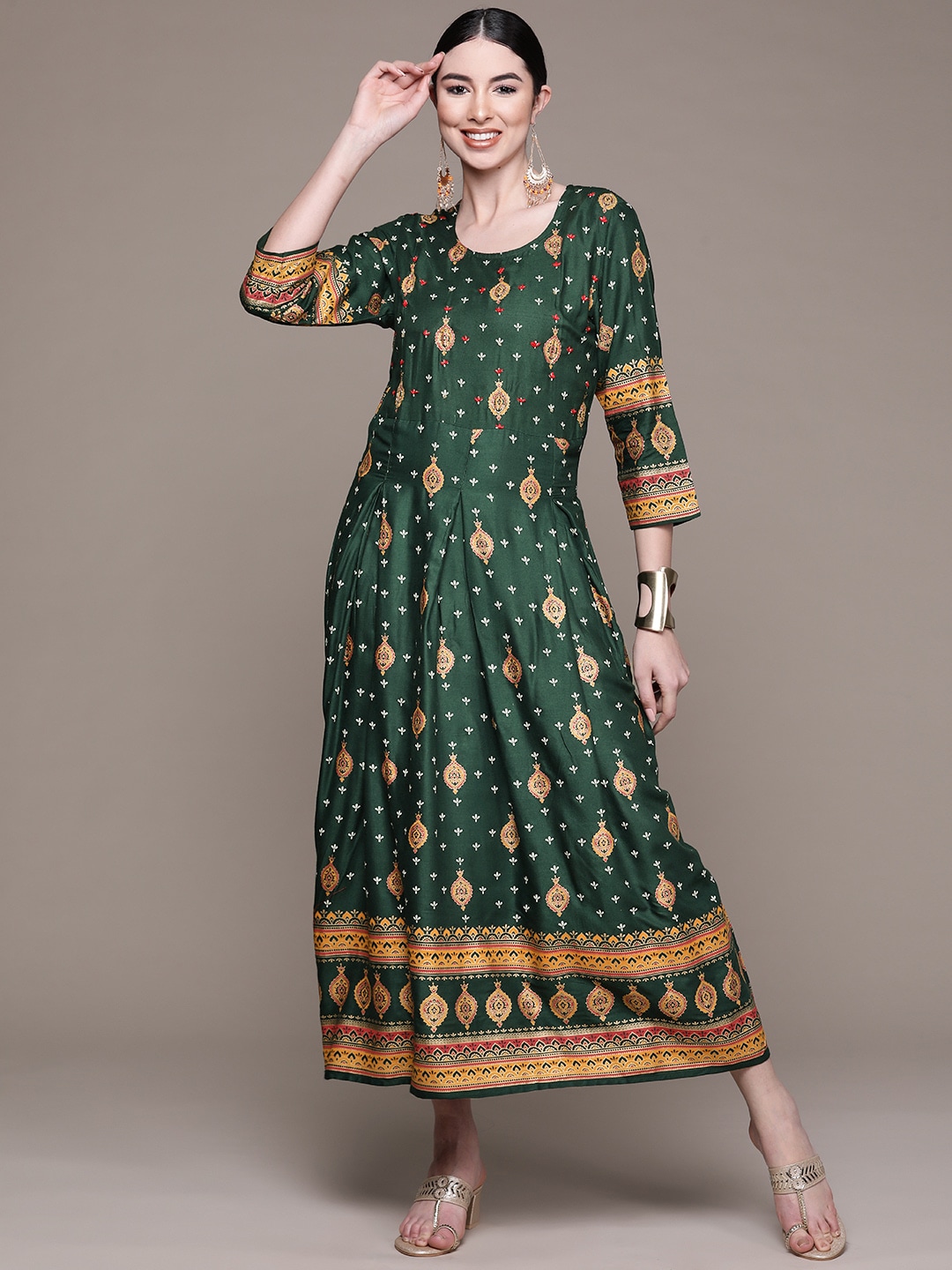 Anubhutee Green Ethnic Motifs Ethnic A-Line Maxi Dress Price in India