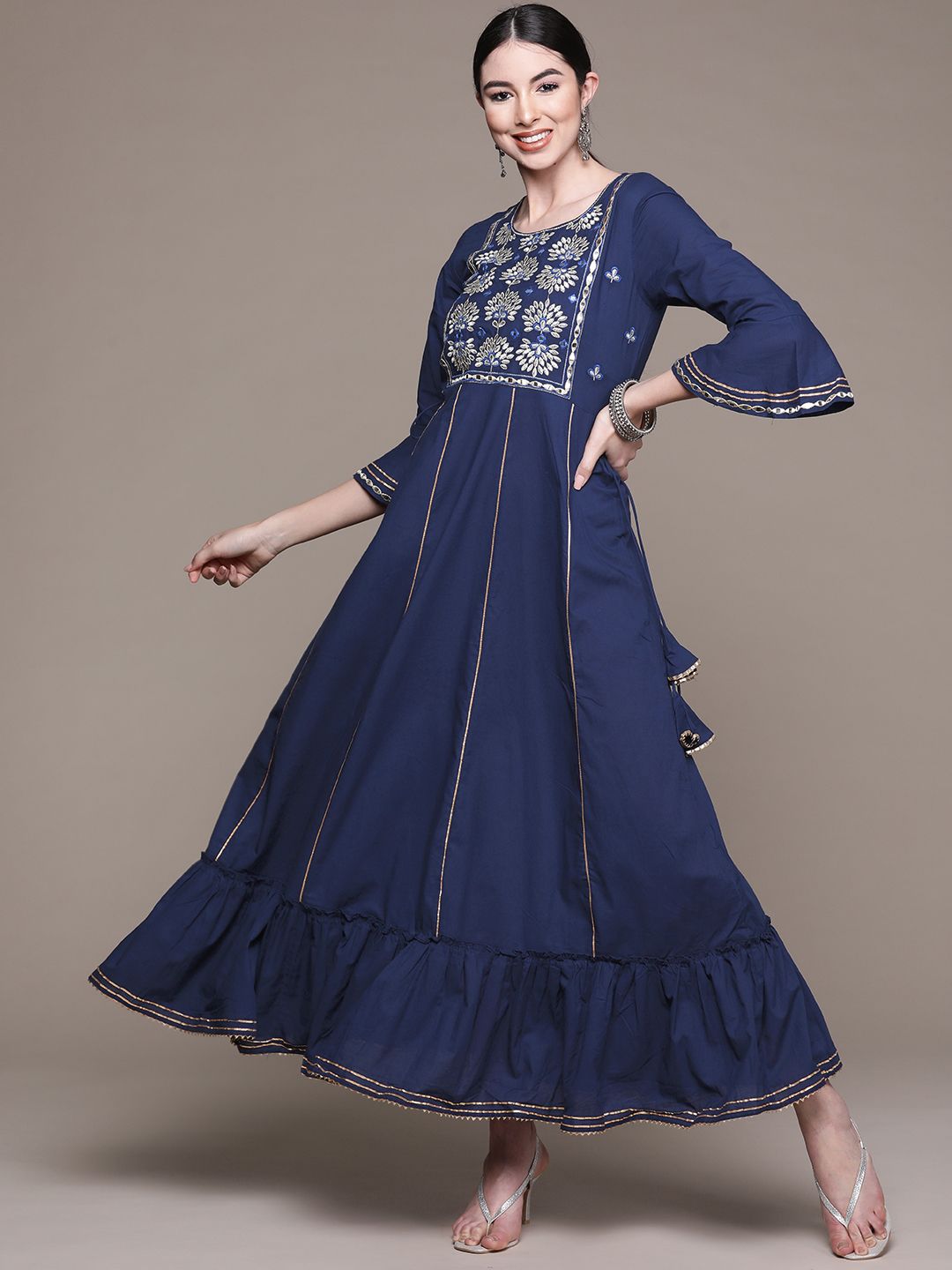 Anubhutee Blue Ethnic Motifs Embroidered Ethnic Cotton A-Line Maxi Dress Price in India