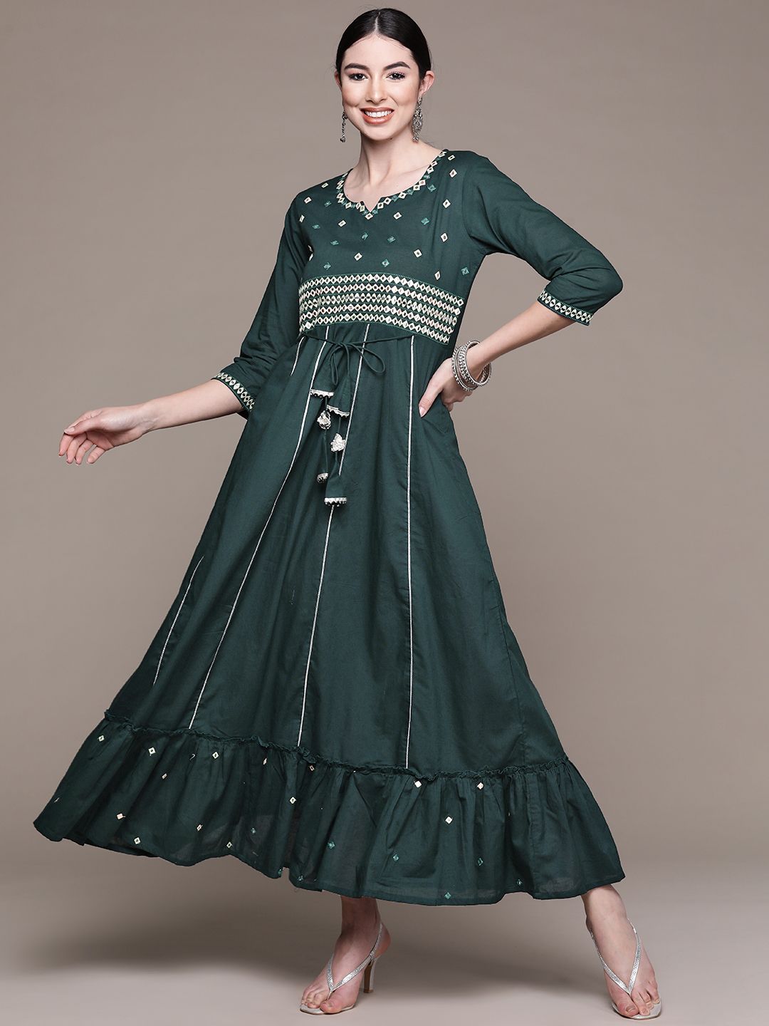 Anubhutee Green Embroidered Ethnic Cotton A-Line Maxi Dress Price in India