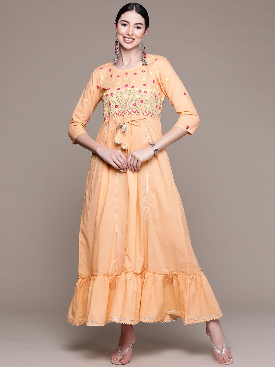 Anubhutee Peach-Coloured Floral Embroidered Ethnic Cotton A-Line Maxi Dress Price in India