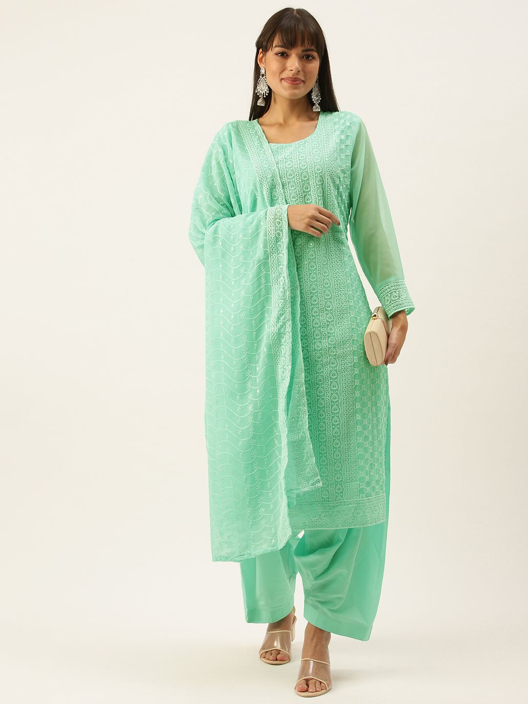 SWAGG INDIA Sea Green Ethnic Motif Embroidered Unstitched Dress Material Price in India