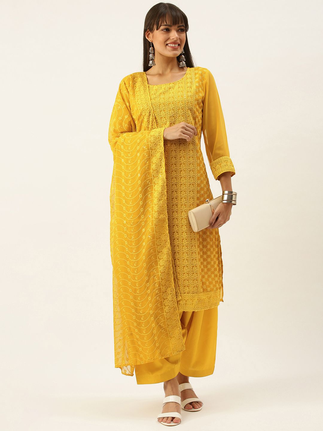 SWAGG INDIA Mustard Solid Ethnic Motif Embroidered Unstitched Dress Material Price in India