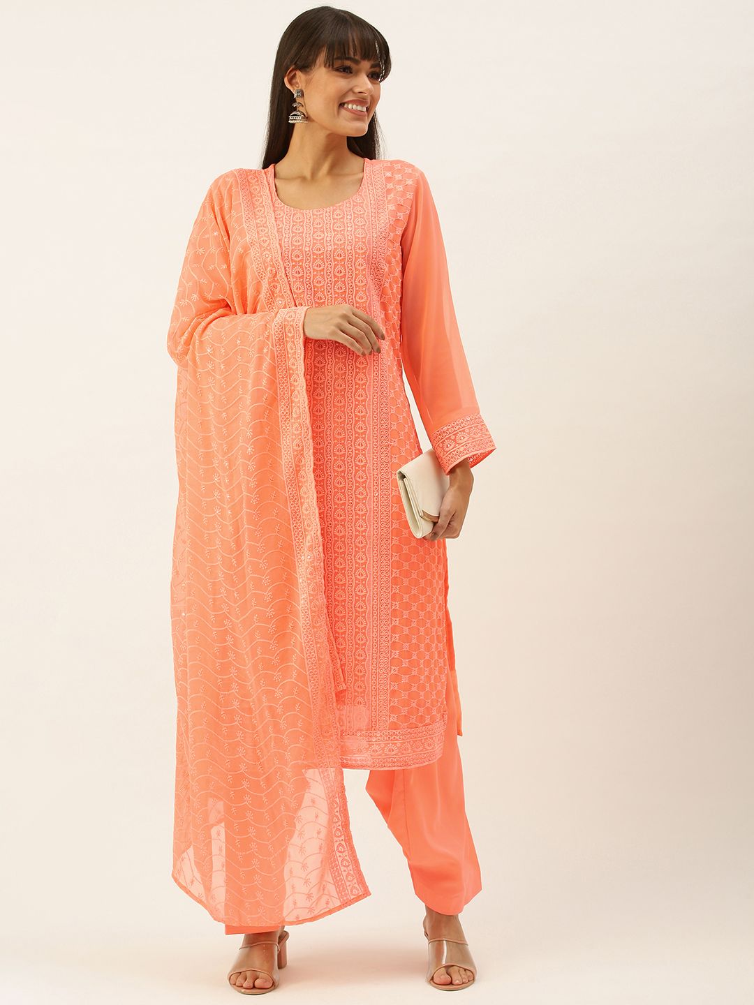 SWAGG INDIA Peach-Coloured Ethnic Motif Embroidered Unstitched Dress Material Price in India