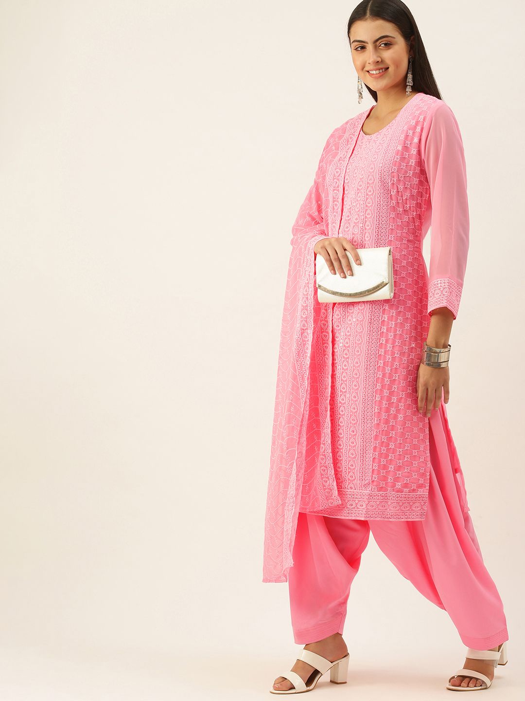 SWAGG INDIA Pink Ethnic Motif Embroidered Unstitched Dress Material Price in India