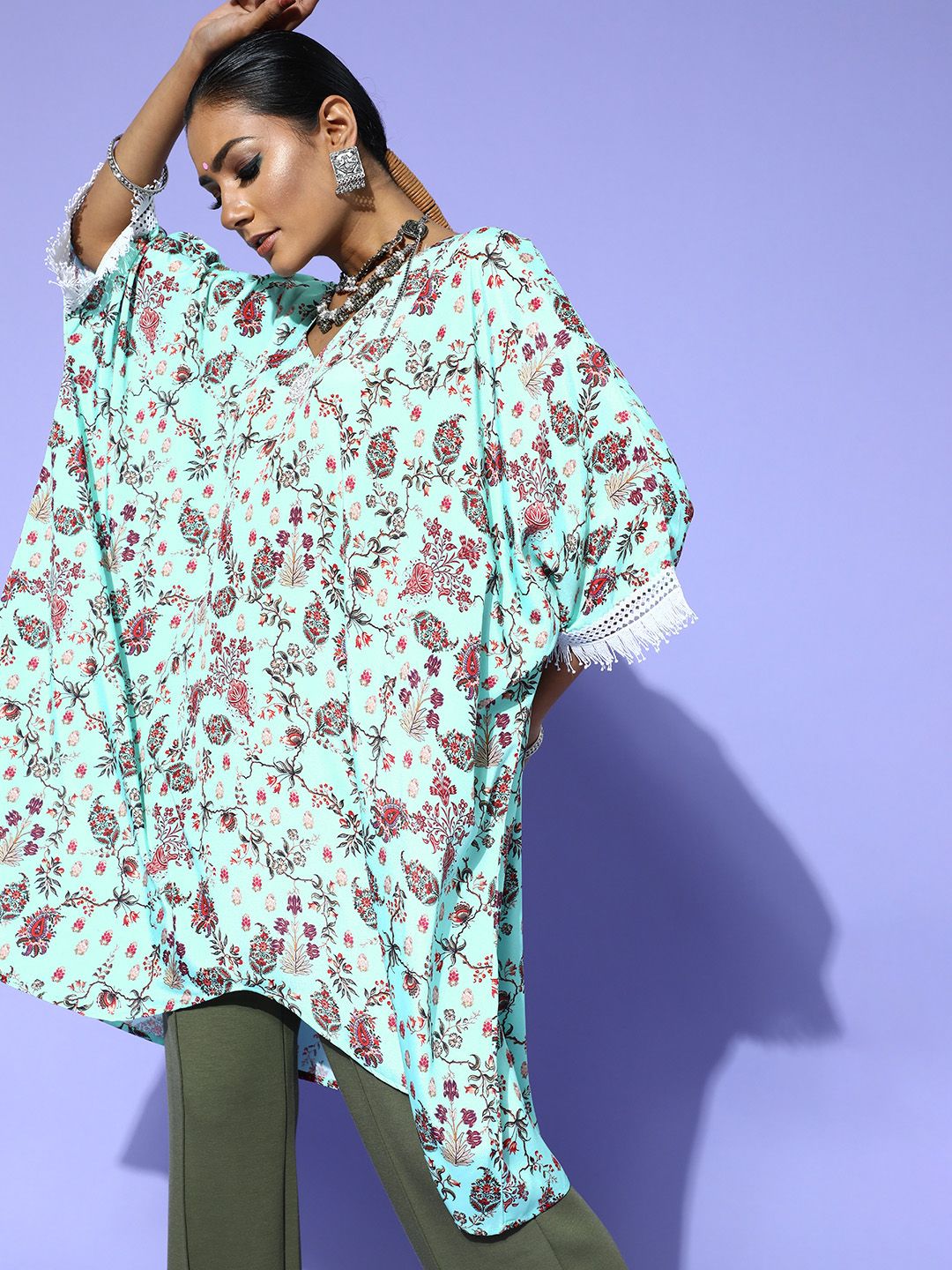 Rang Gali Green & Red Floral Print Kaftan Longline Top