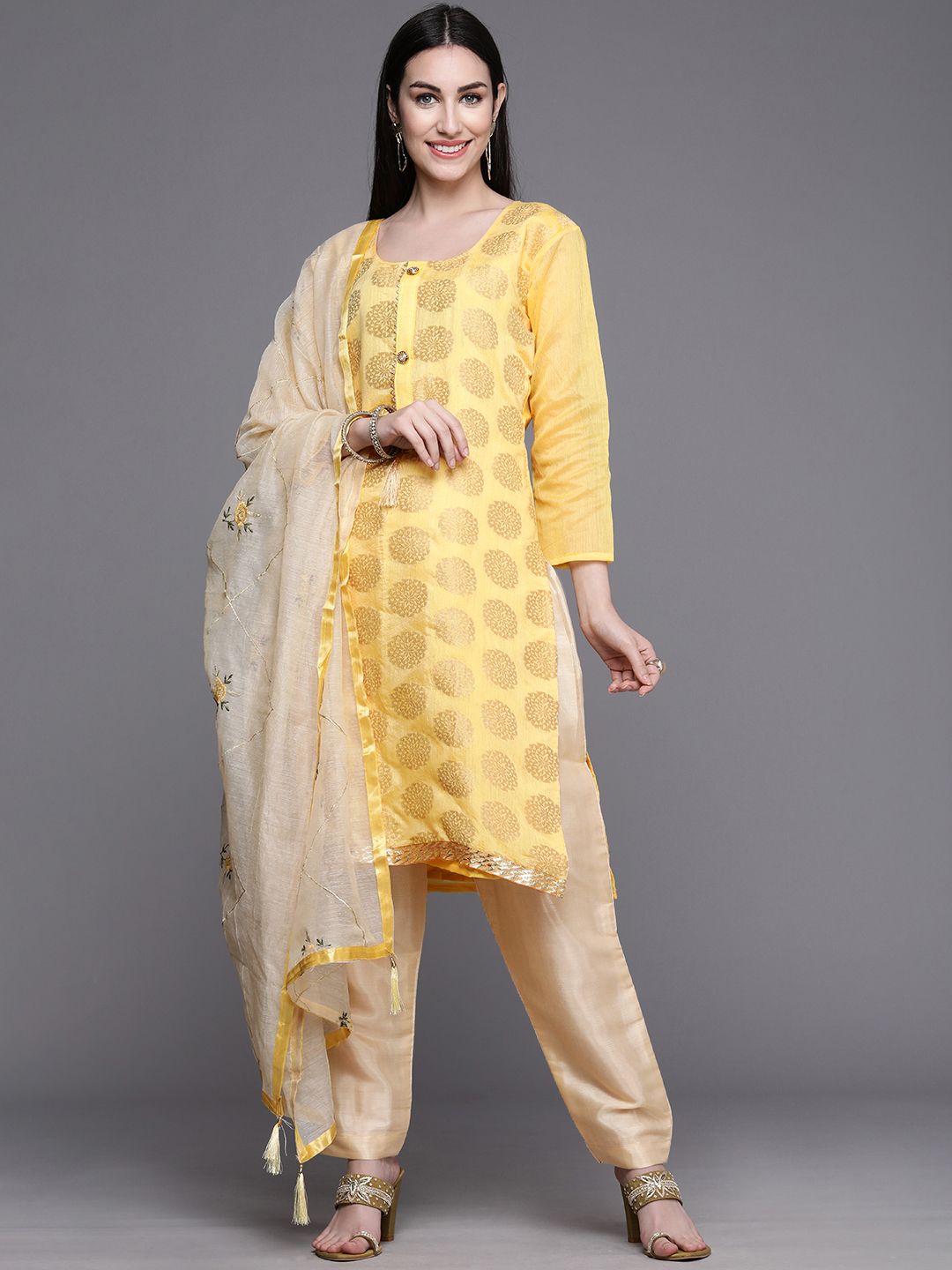 Mitera Women Yellow & Gold-Toned Unstitched Kurta Set Material Price in India