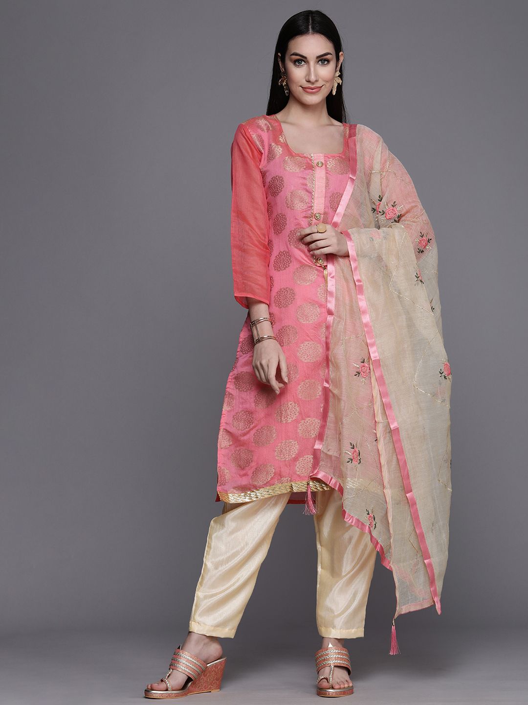 Mitera Women Pink & Gold-Toned Unstitched Kurta Set Material Price in India