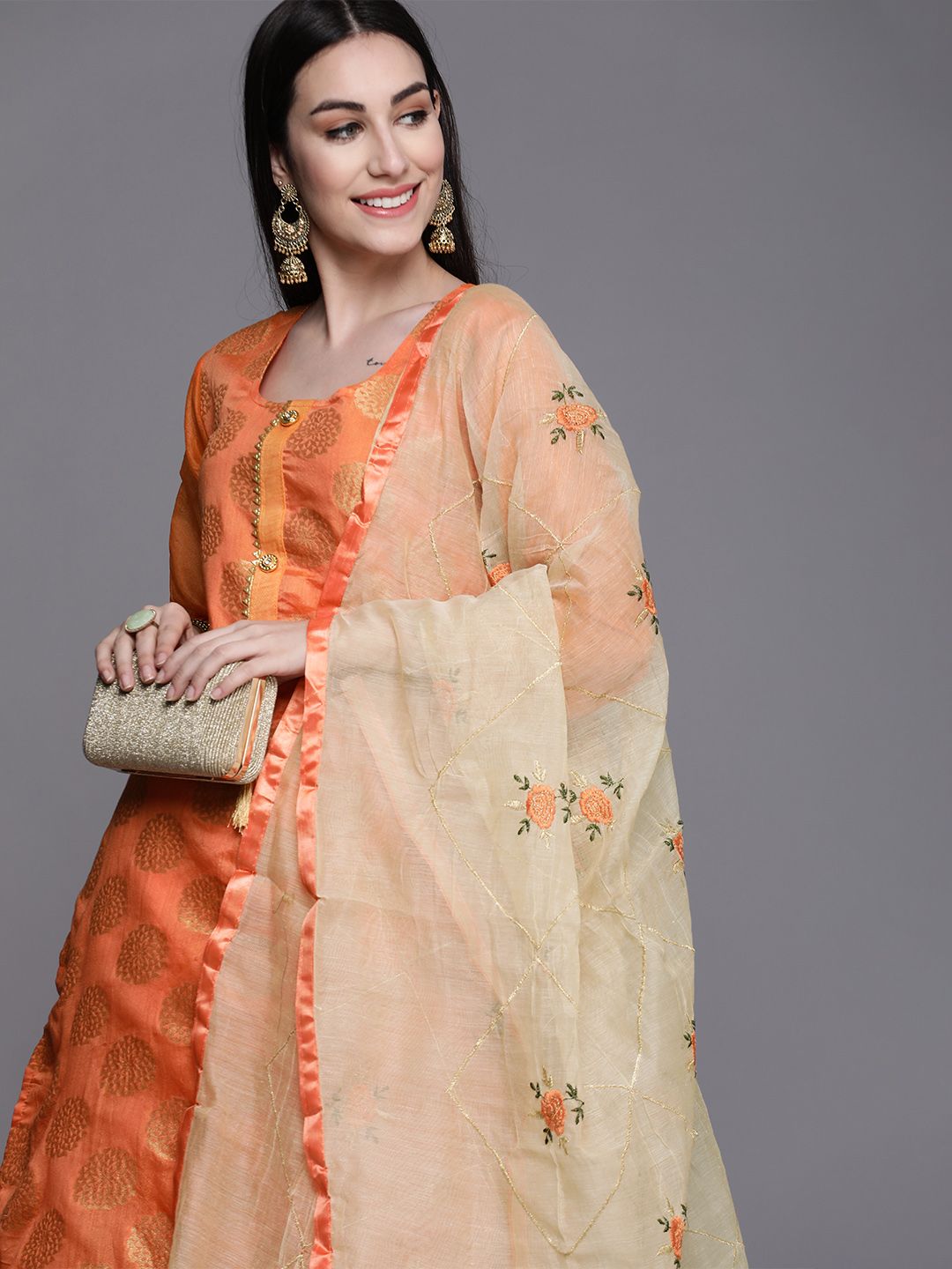 Mitera Women Orange & Gold-Toned Unstitched Kurta Set Material Price in India