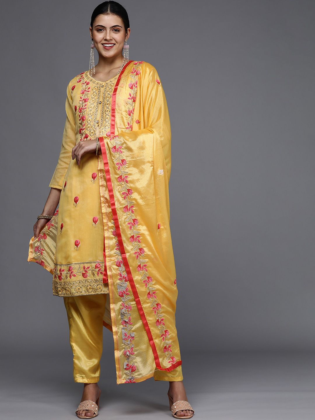 Mitera Yellow Embroidered Unstitched Dress Material Price in India