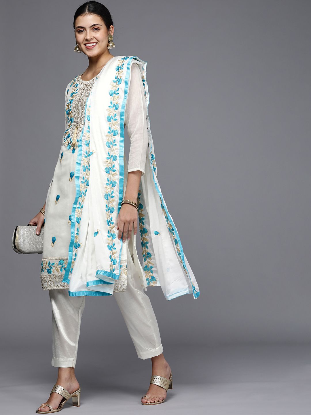 Mitera White & Blue Embroidered Unstitched Dress Material Price in India