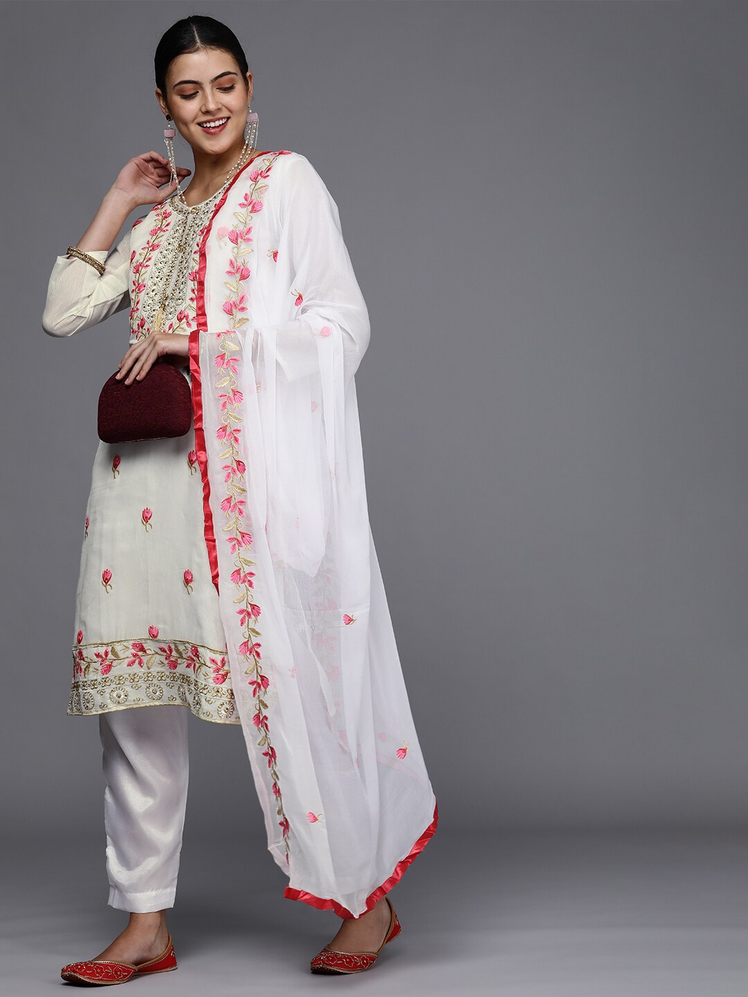 Mitera White & Pink Embroidered Unstitched Dress Material Price in India
