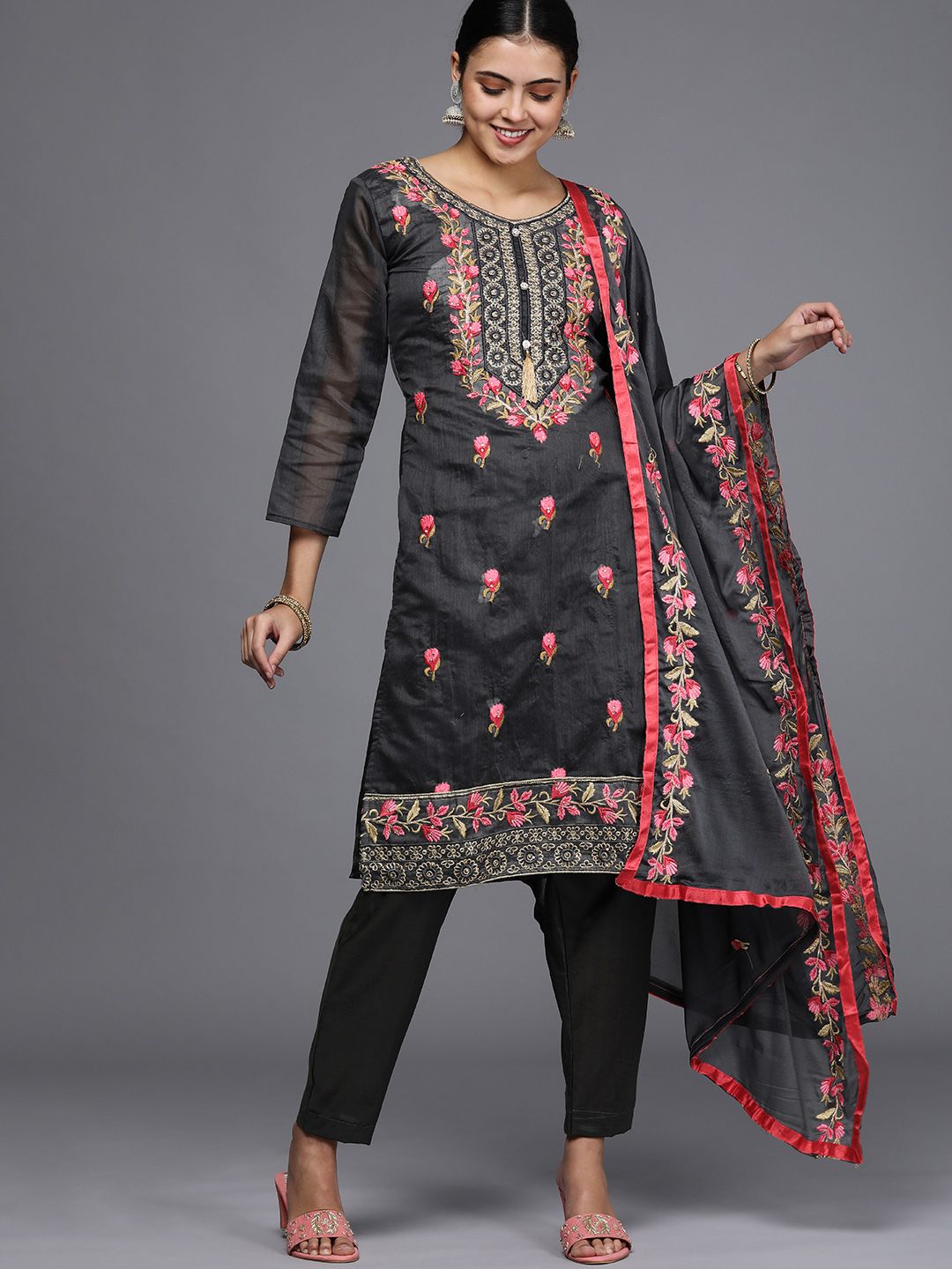 Mitera Charcoal Embroidered Unstitched Dress Material Price in India
