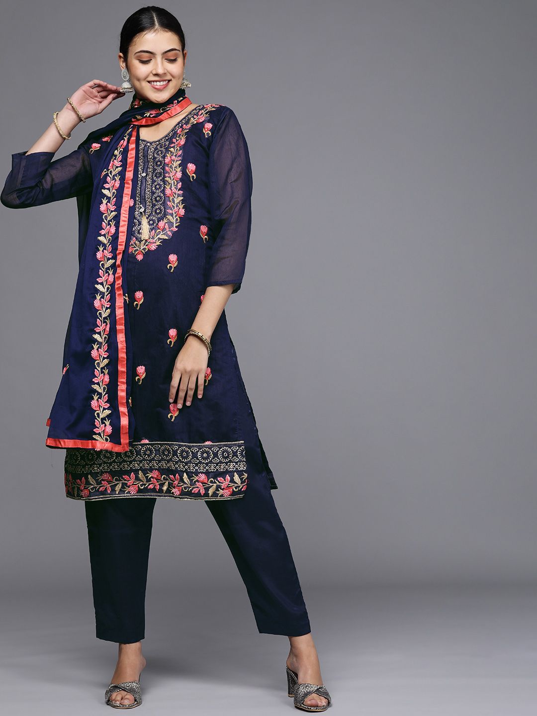Mitera Navy Blue Embroidered Unstitched Dress Material Price in India
