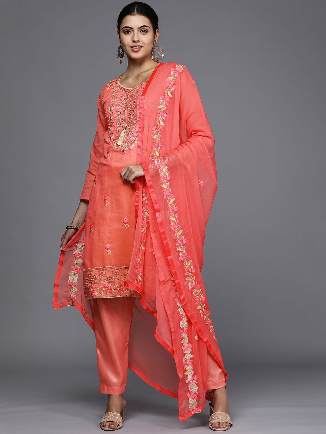 Mitera Orange Embroidered Unstitched Dress Material Price in India