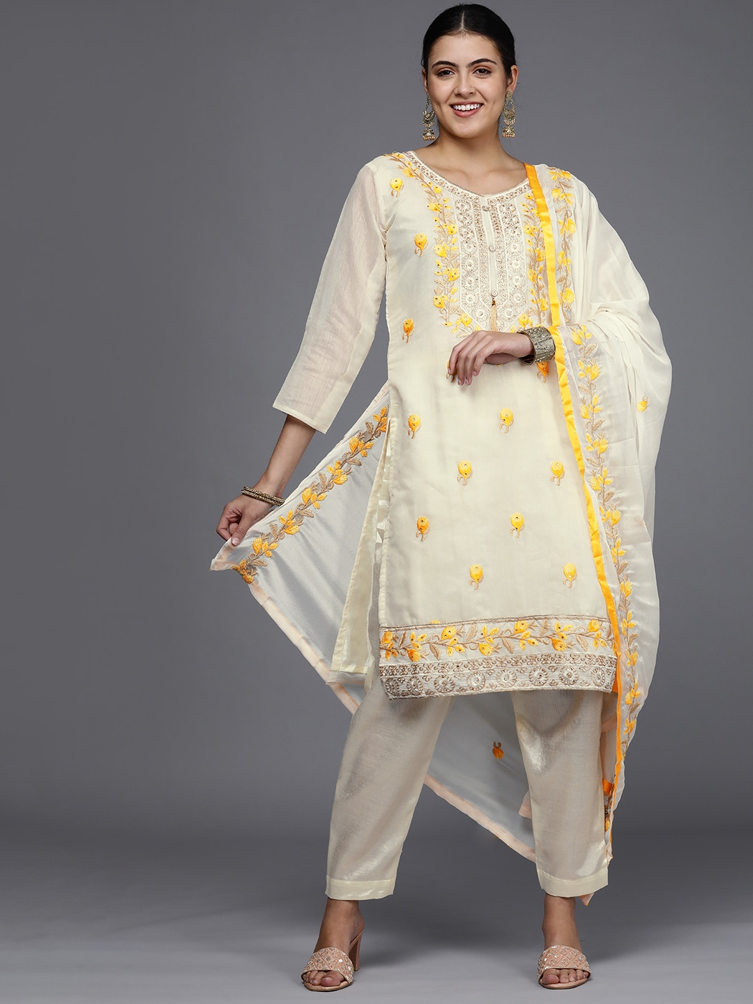 Mitera Women Off White Embroidered Unstitched Dress Material Price in India