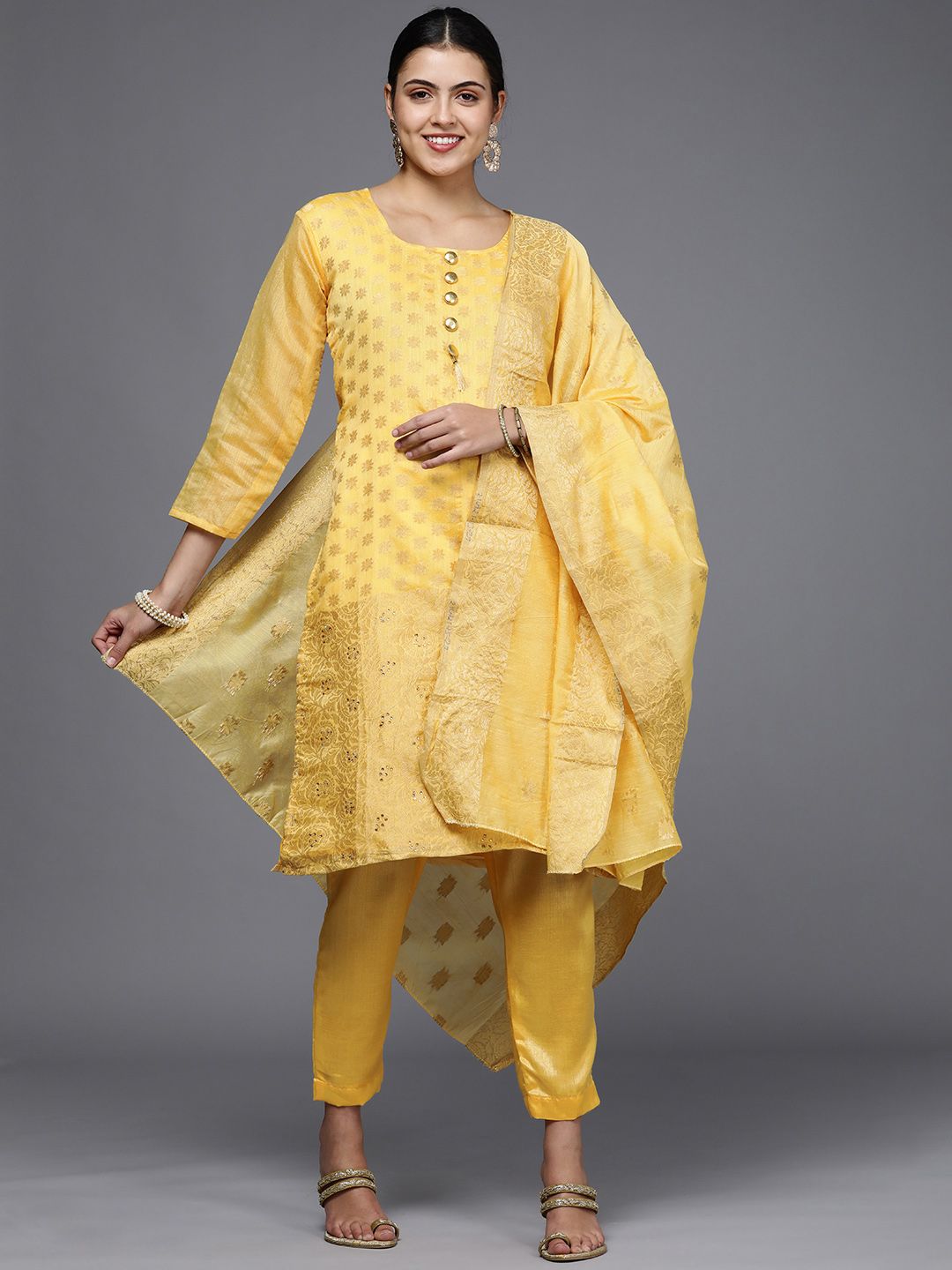 Mitera Yellow & Gold-Toned Unstitched Dress Material Price in India