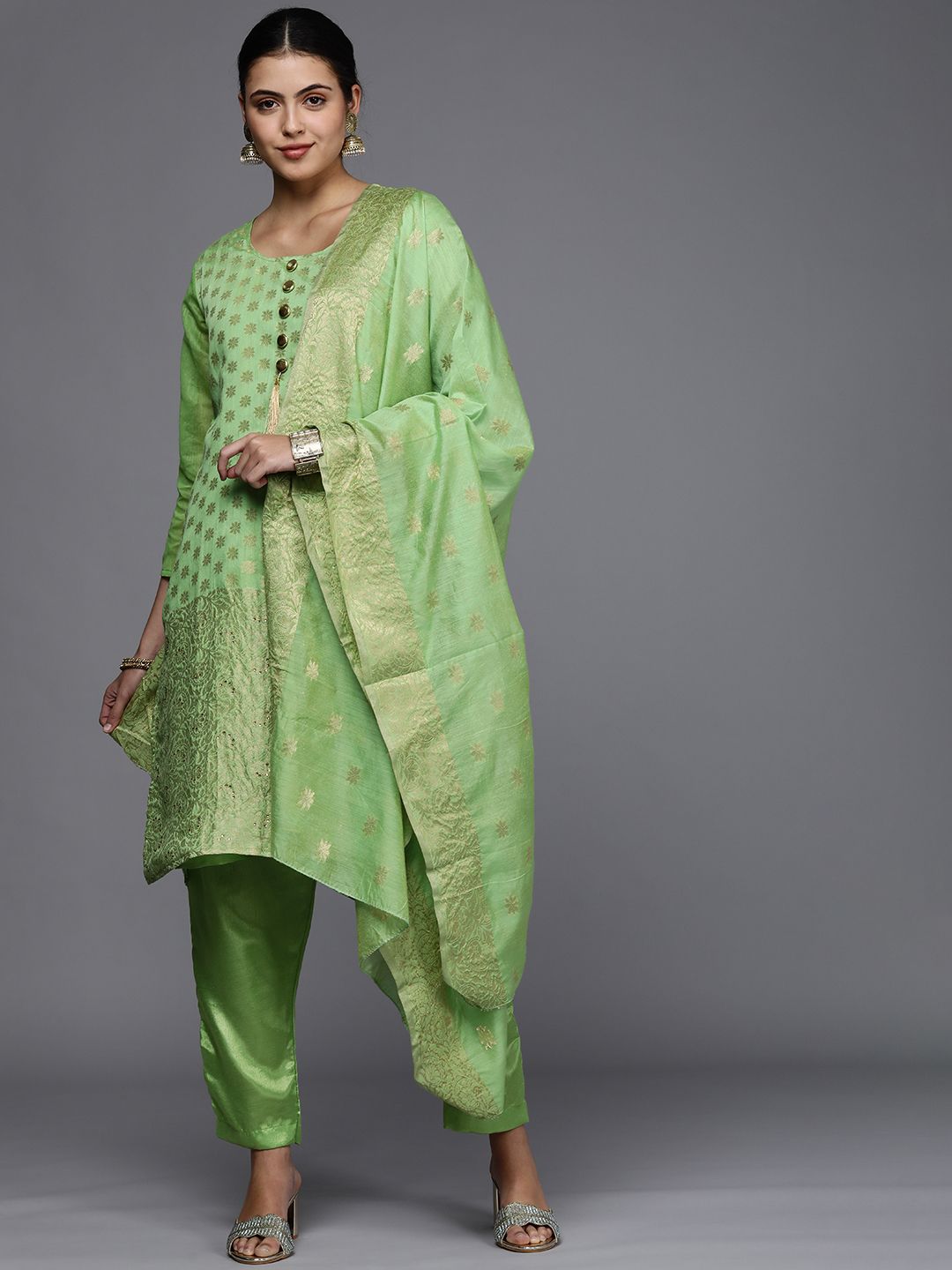 Mitera Green & Gold-Toned Unstitched Dress Material Price in India