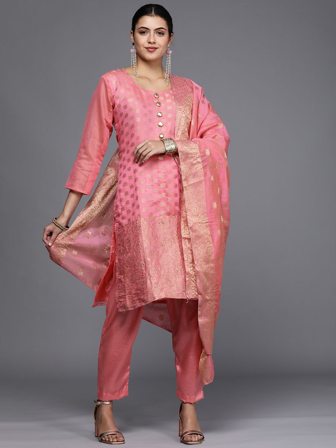 Mitera Pink & Gold-Toned Unstitched Dress Material Price in India