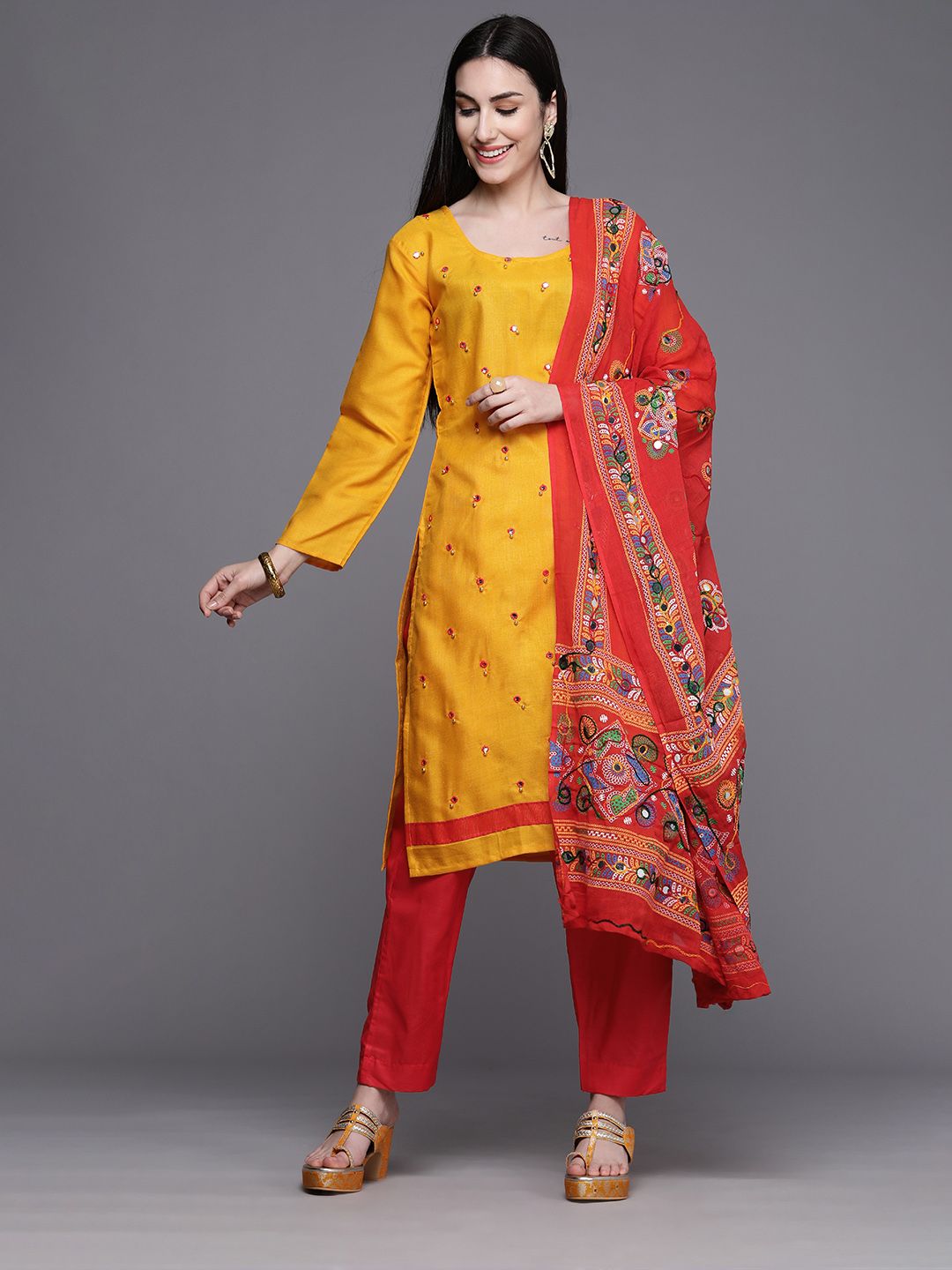 Mitera Women Yellow & Red Embellished Unstitched Kurta Set Material Price in India