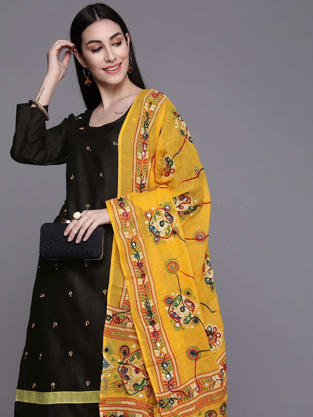 Mitera Women Black & Yellow Embellished Unstitched Kurta Set Material Price in India