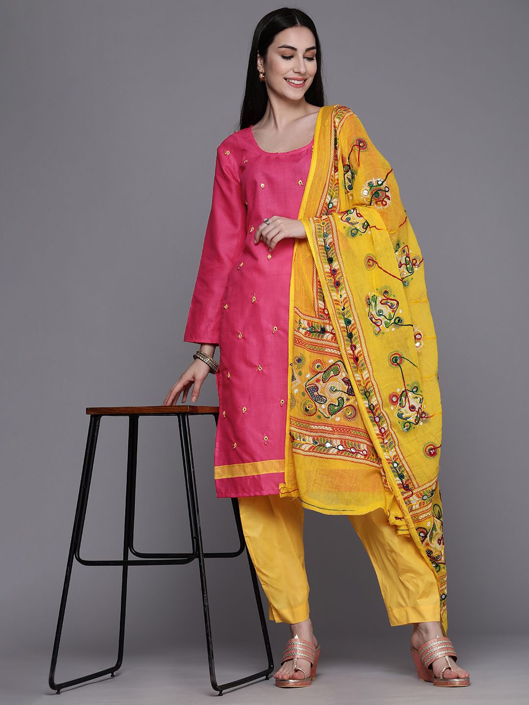 Mitera Women Pink & Yellow Embellished Unstitched Kurta Set Material Price in India