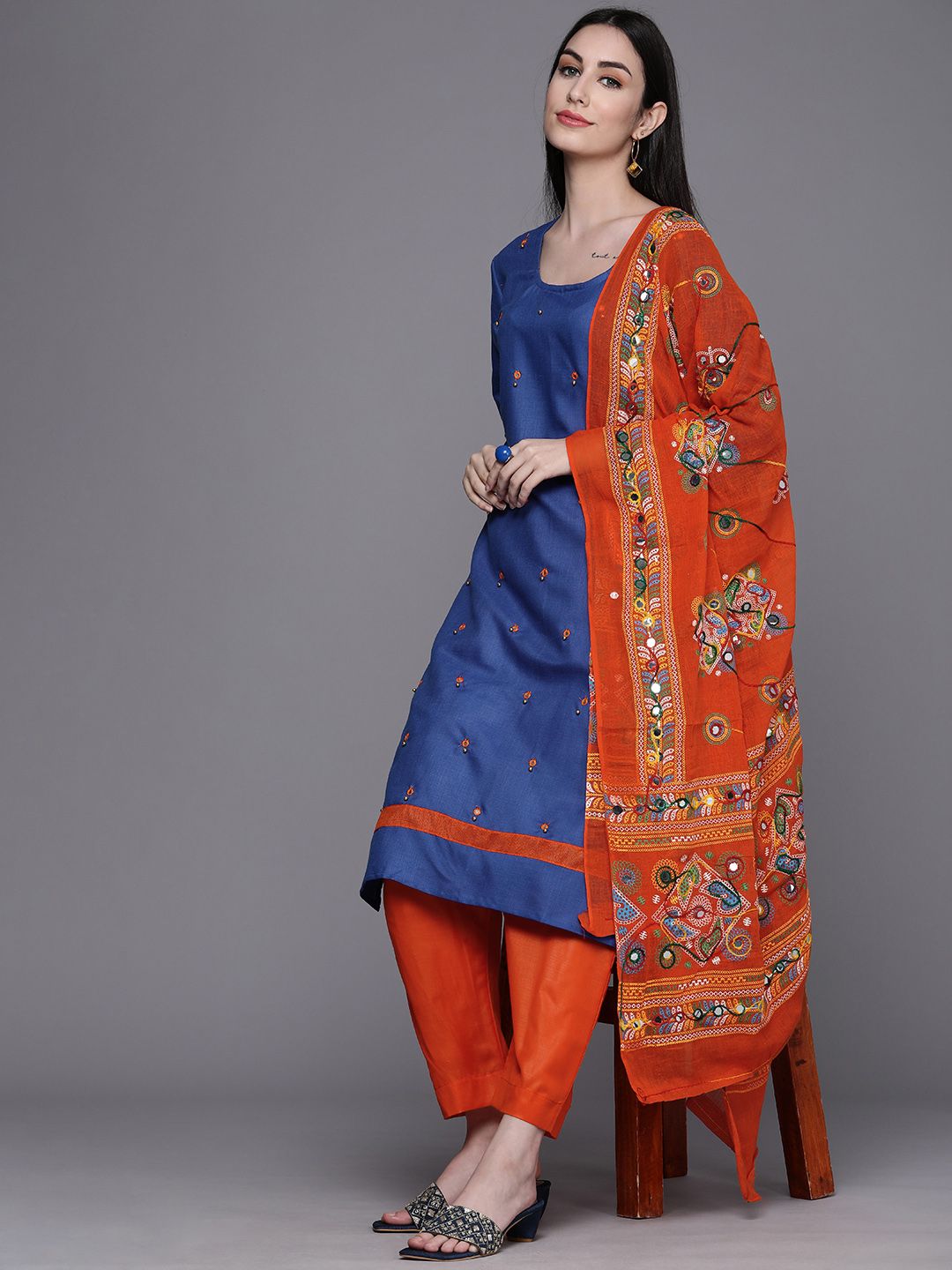 Mitera Women Blue & Orange Embellished Unstitched Kurta Set Material Price in India