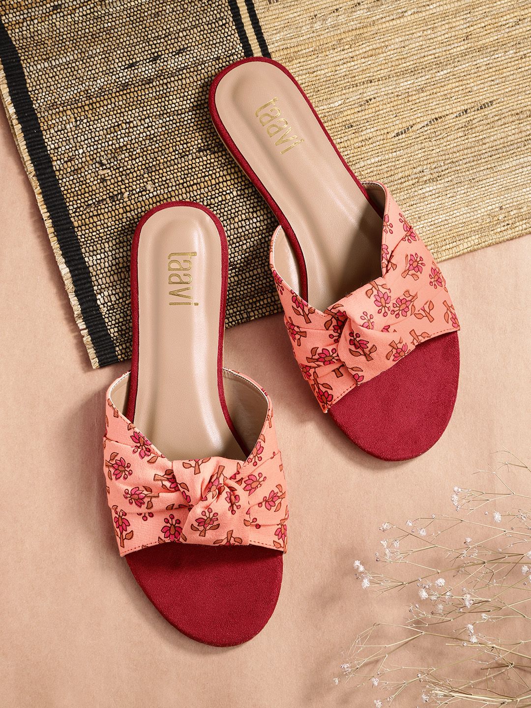 Taavi Women Coral Pink & Brown Printed Open Toe Flats Price in India