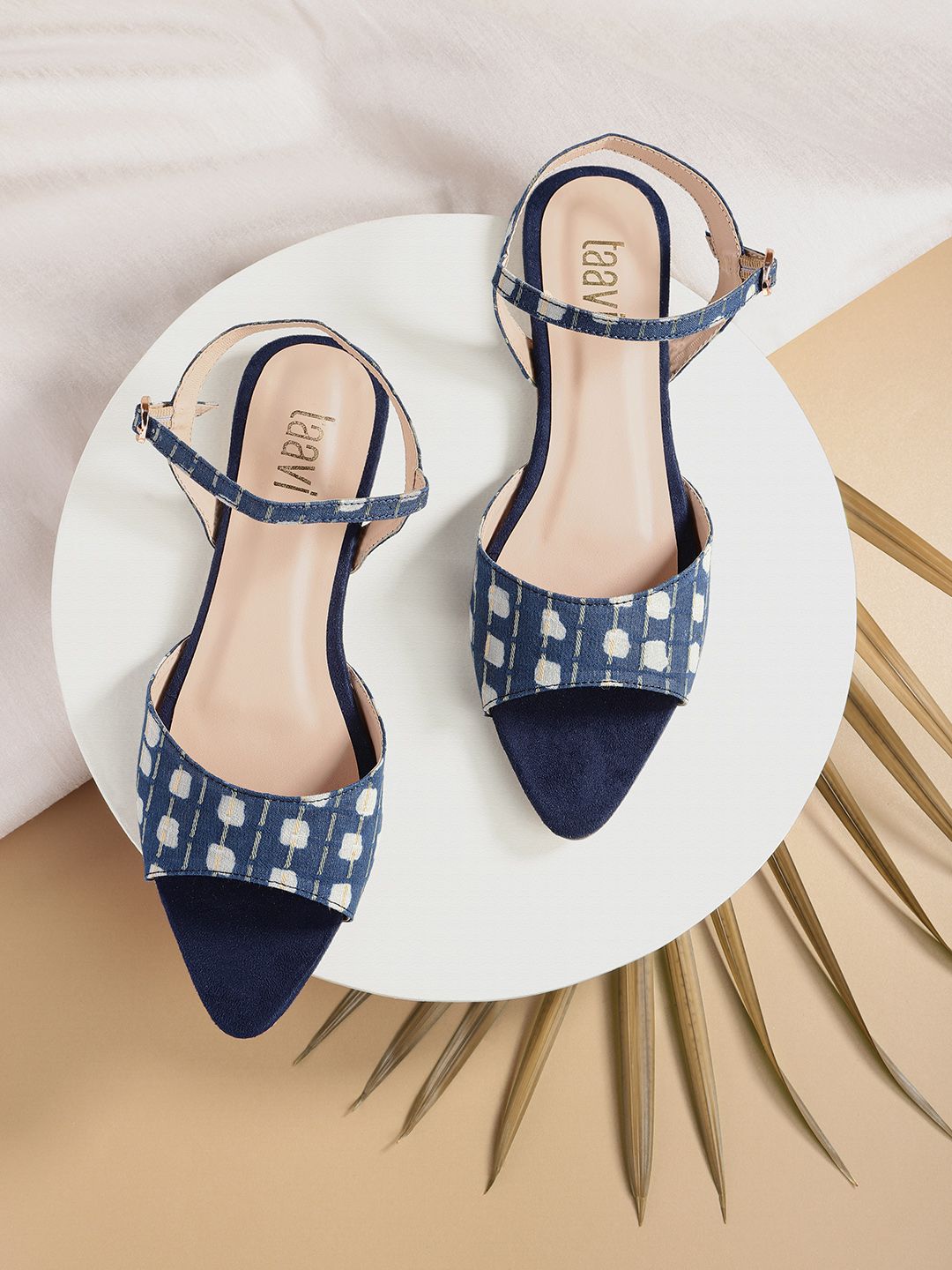 Taavi Women Navy Blue & White Printed Handcrafted Open Toe Flats Price in India